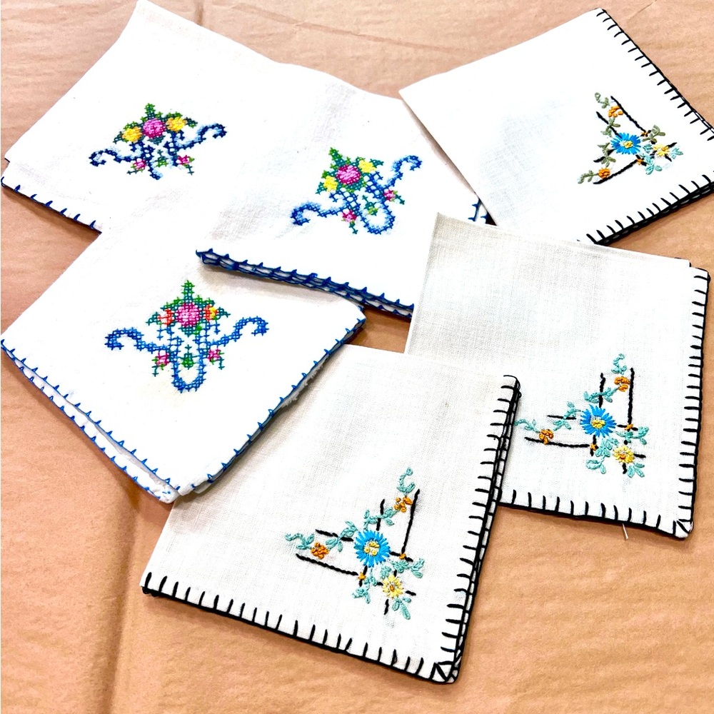 Vintage Set of 6 Hand Embroidered napkins, 2 different compatible designs